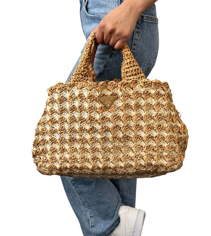 PRADA Vintage Triangle Logo Raffia Canapa Tote Bag Beige Cream Crochet 902066