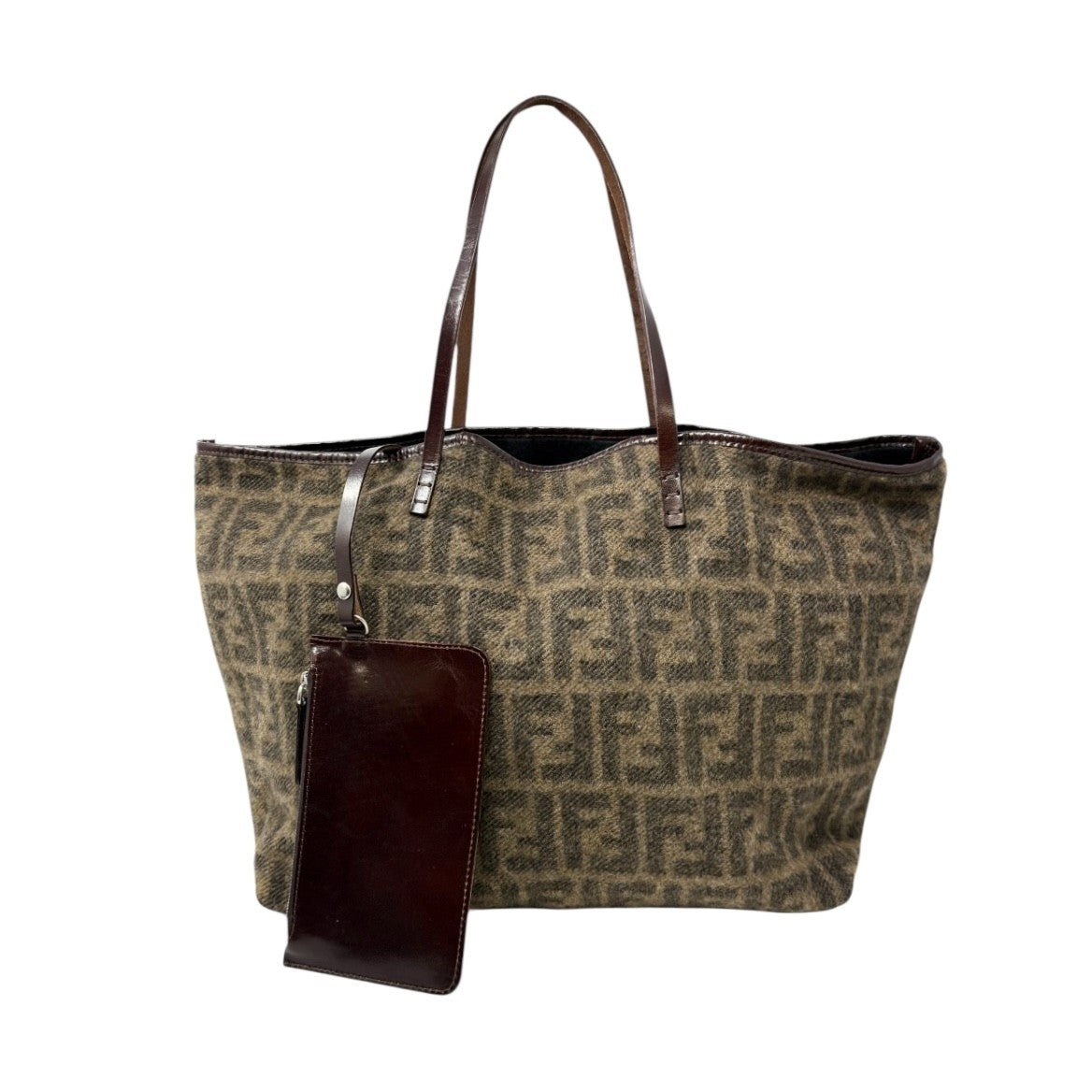 FENDI Vintage Zucca Monogram Knit Wool Tote Shoulder Bag Leather Pouch Brown