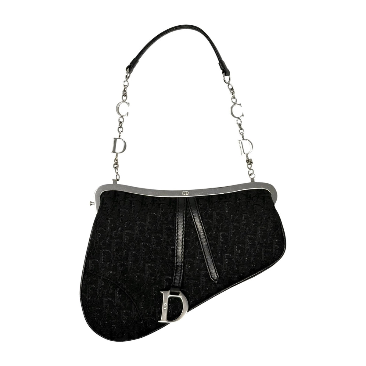 Christian Dior Vintage 2003 Trotter Monogram Chain Mini Saddle Bag Black 902379