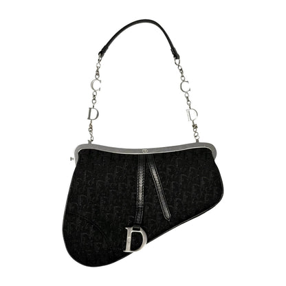 Christian Dior Vintage 2003 Trotter Monogram Chain Mini Saddle Bag Black 902379