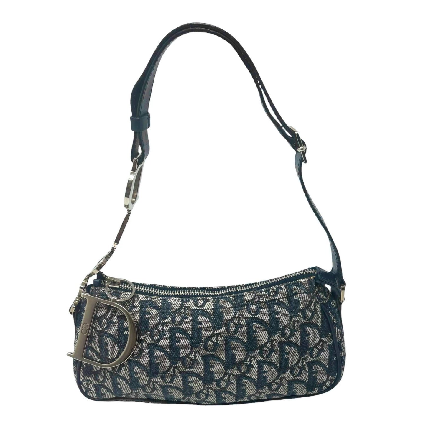 Christian Dior Vintage CD Logo Trotter Monogram Shoulder Bag Dark Blue Silver