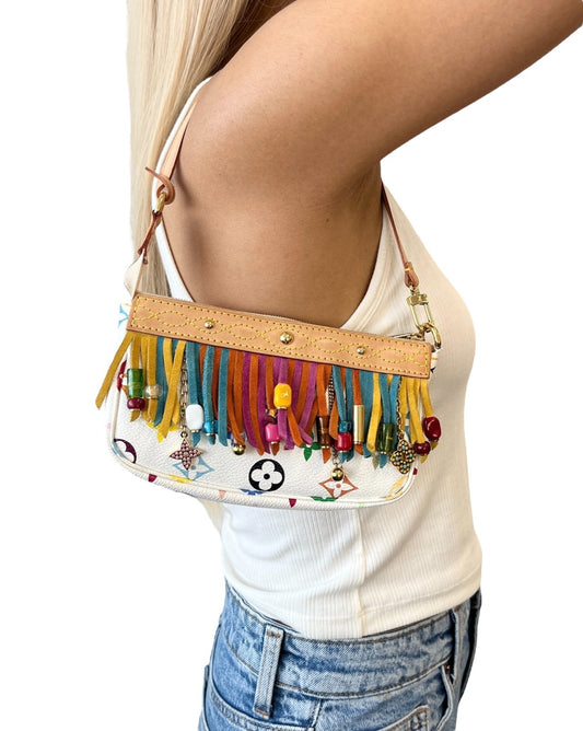 LOUIS VUITTON Vintage Monogram Multicolor Fringe Pochette Mini Bag White