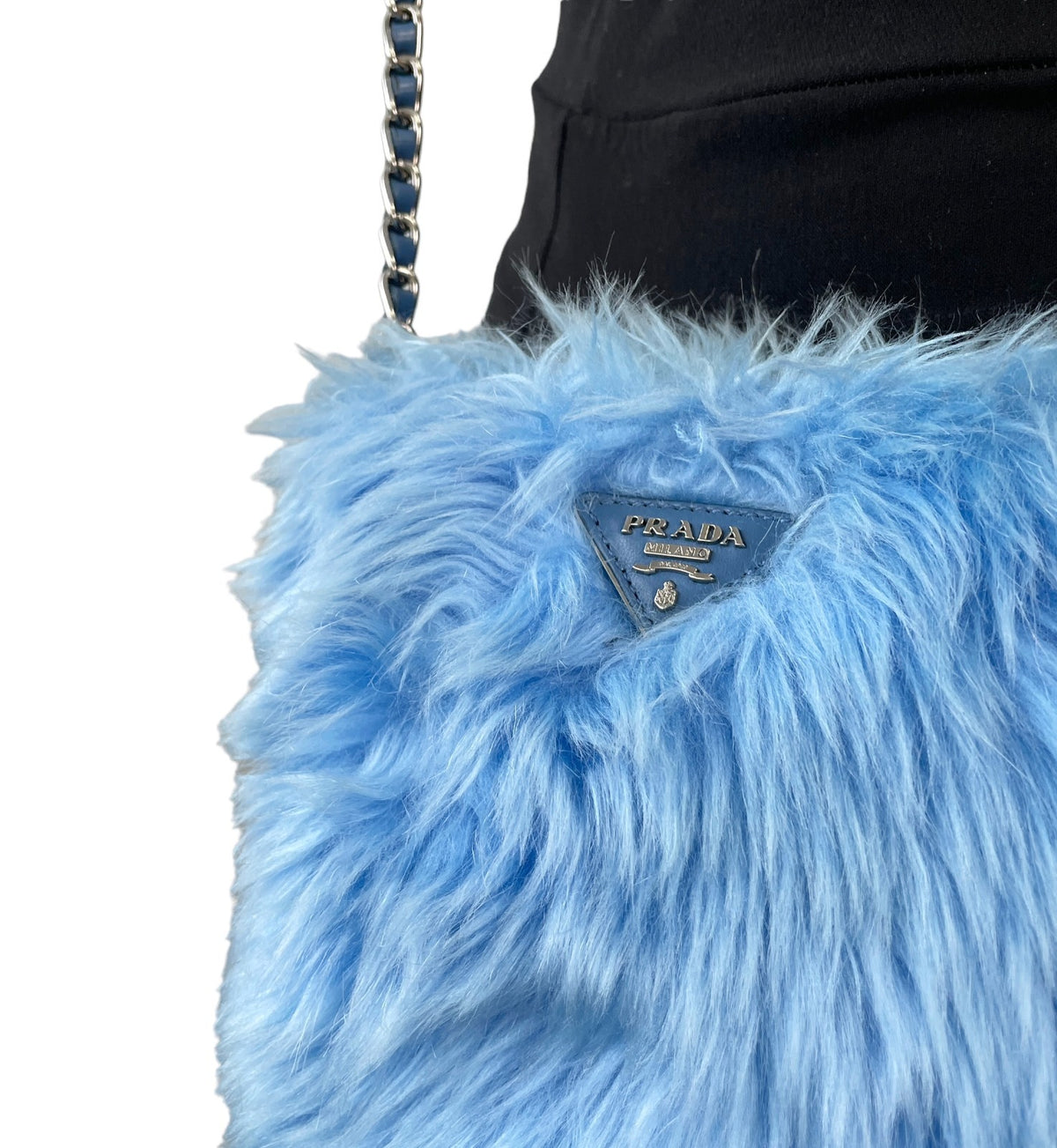 PRADA Vintage Logo Pelliccia Chain Shoulder Bag Mini Pouch Blue Faux Fur 902321