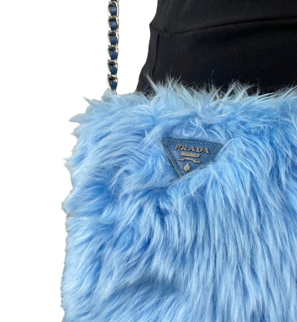 PRADA Vintage Logo Pelliccia Chain Shoulder Bag Mini Pouch Blue Faux Fur 902321