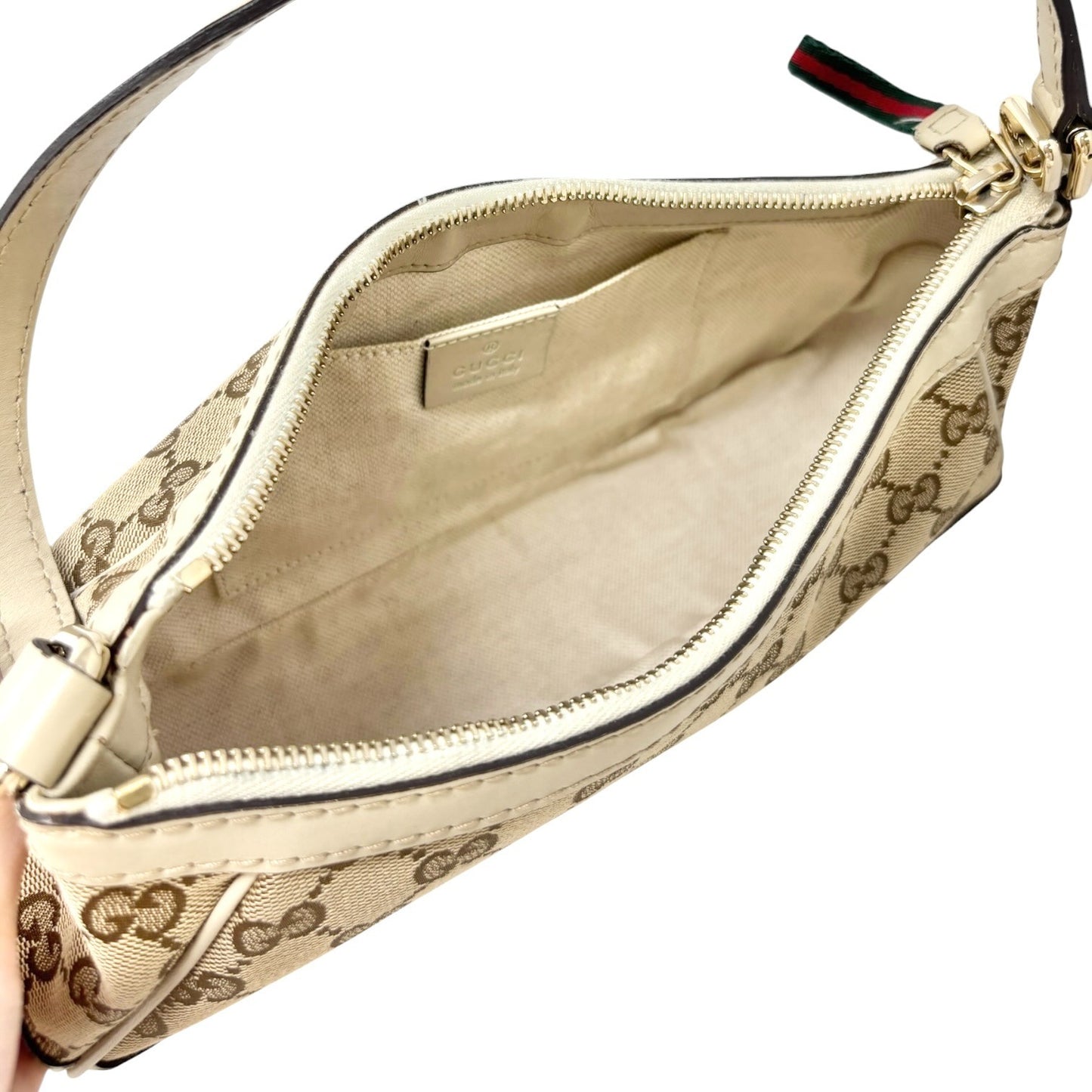GUCCI Vintage GG Monogram Web Stripe Canvas Shoulder Bag Beige Ribbon 902570