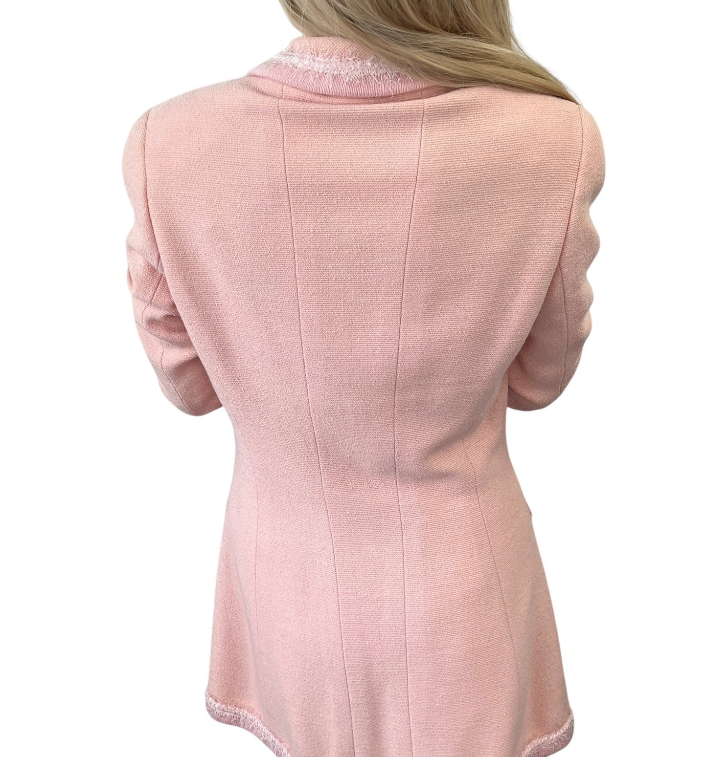 CHANEL Vintage 94A CC Logo Button Tweed Jacket Skirt Set #38 Wool Pink Fringe