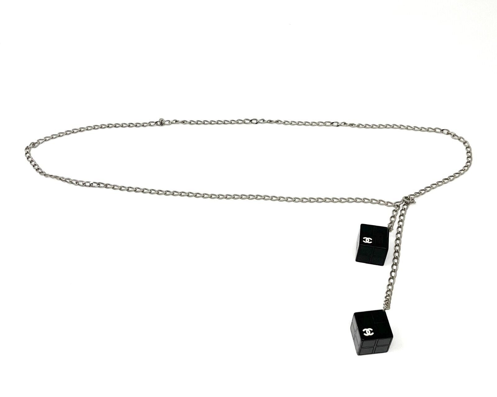 CHANEL Vintage 04S CC Logo Chain Belt Cube Dice Silver Black White Metal RankAB