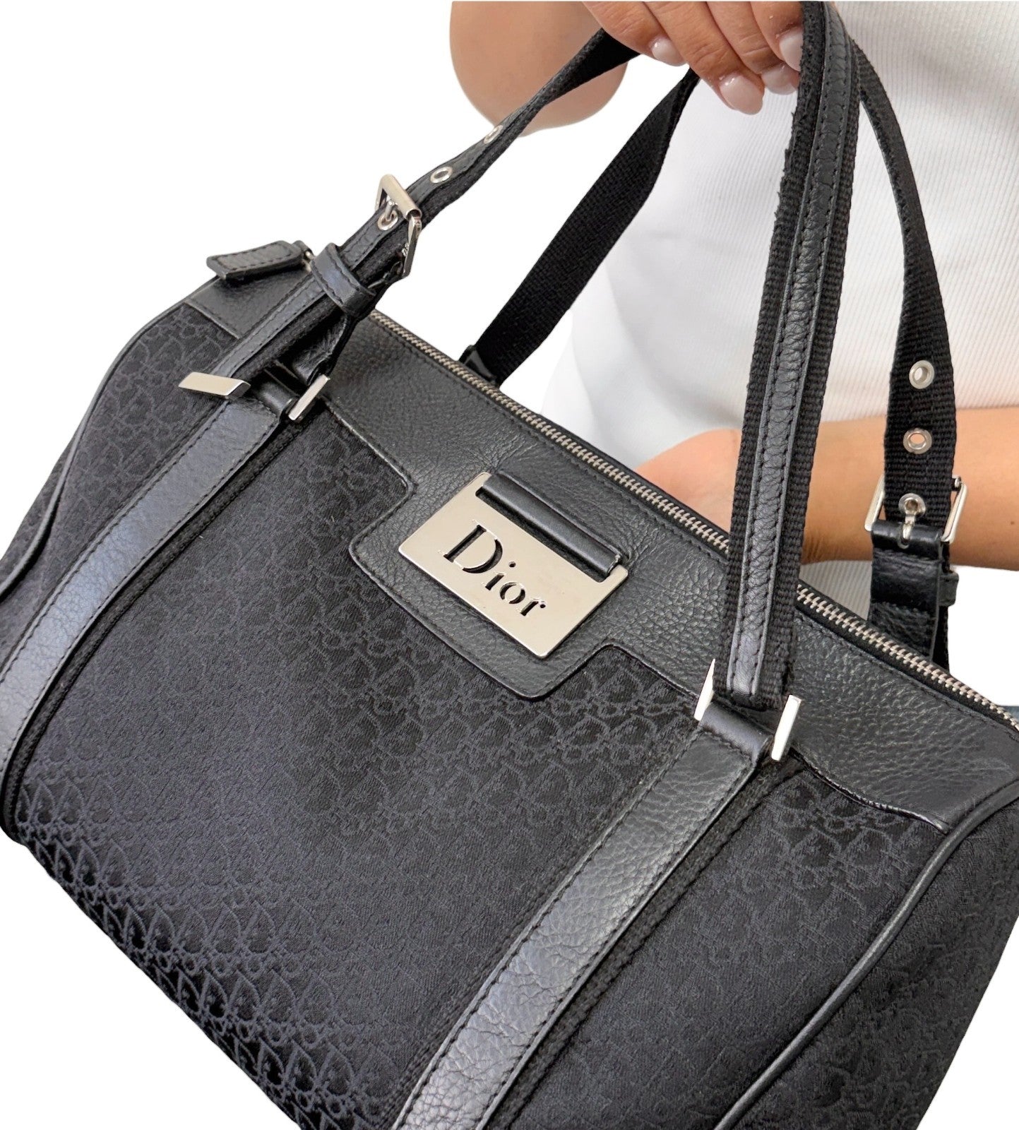 Christian Dior Street Chic Trotter Monogram Boston Bag Black Canvas 902442