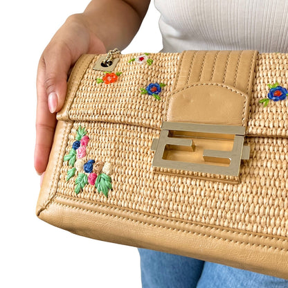 FENDI Vintage FF Logo Beads Mamma Baguette Raffia Shoulder Bag Beige 902273