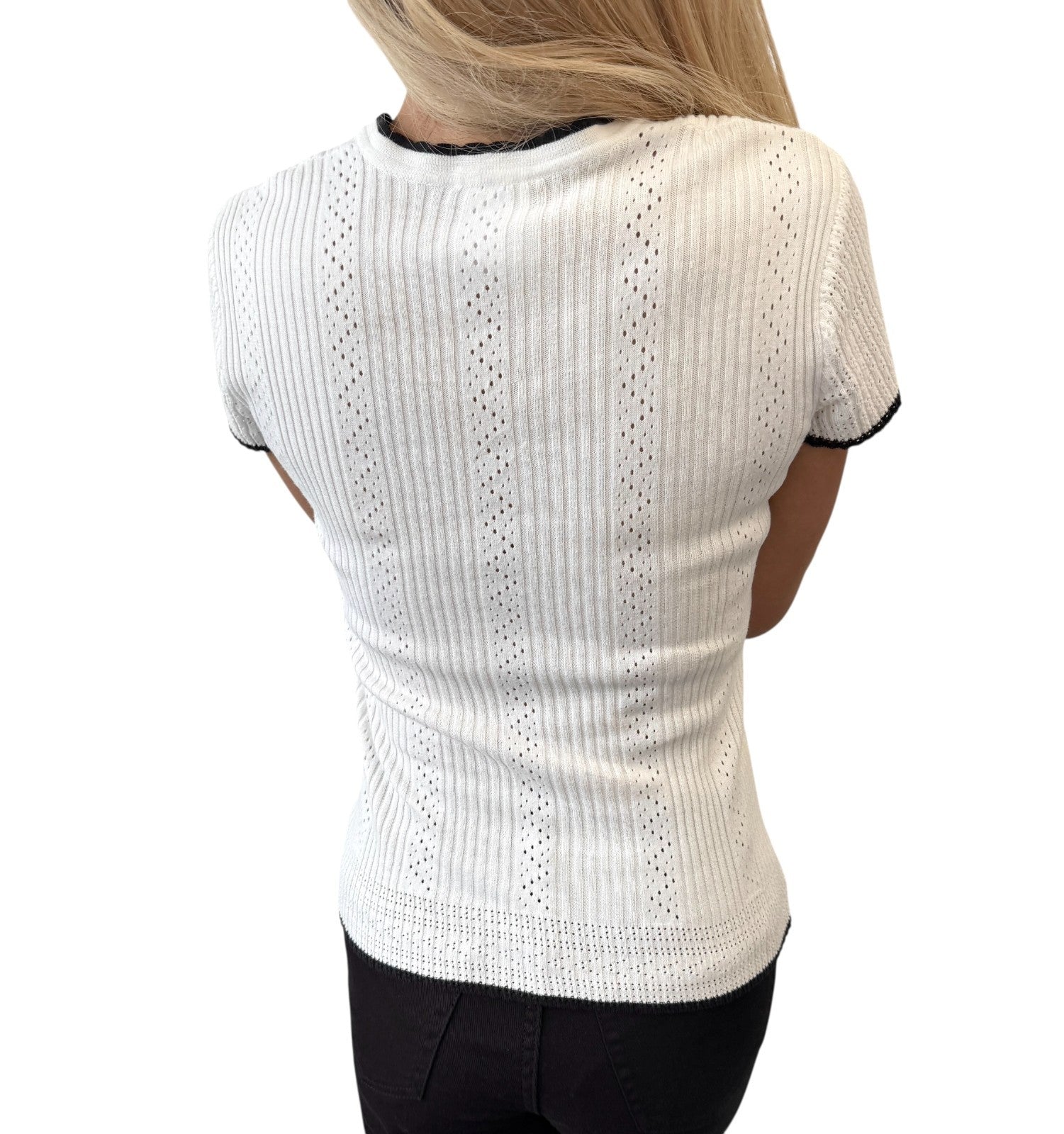 CHANEL Vintage 05C CC Logo Ribbed Knit Ribbon T-shirts Top #38 White Black