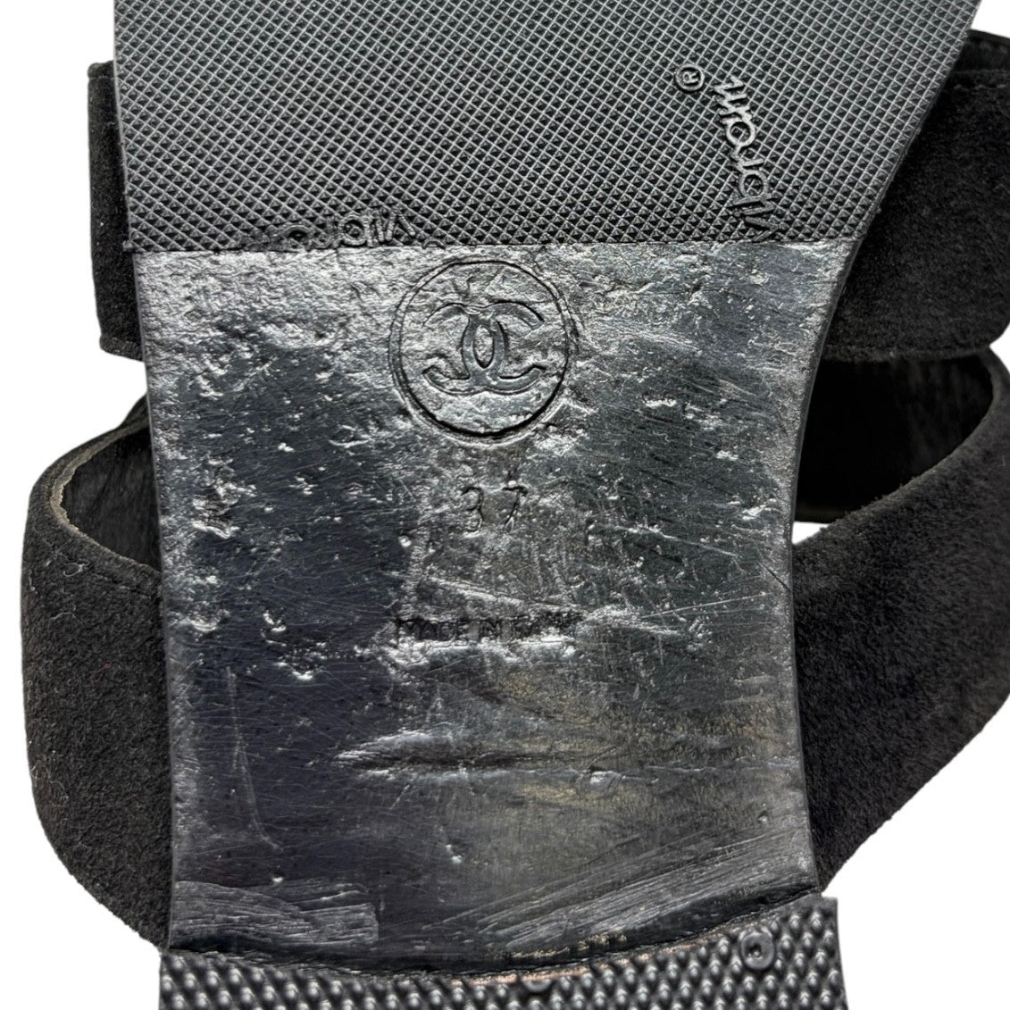 CHANEL Vintage CC Turnlock Flat Slide Sandals #37 Black Gold  Suede 902296