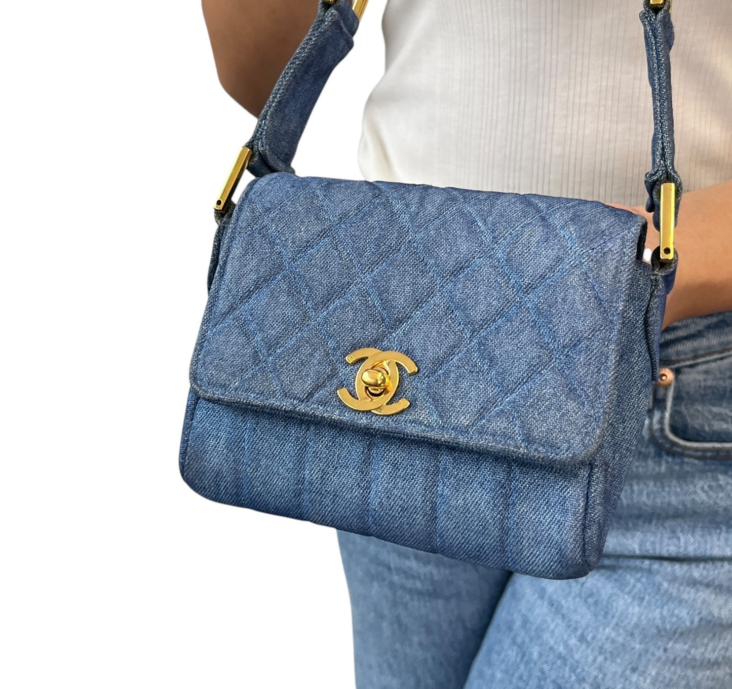 CHANEL Vintage CC Logo Turnlock Quilted Denim Flap Shoulder Bag Blue Gold