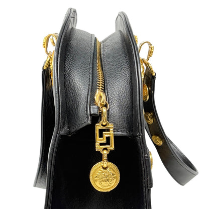 GIANNI VERSACE Vintage Medusa Logo Top Handle Bag Black Gold Leather Zip 902957