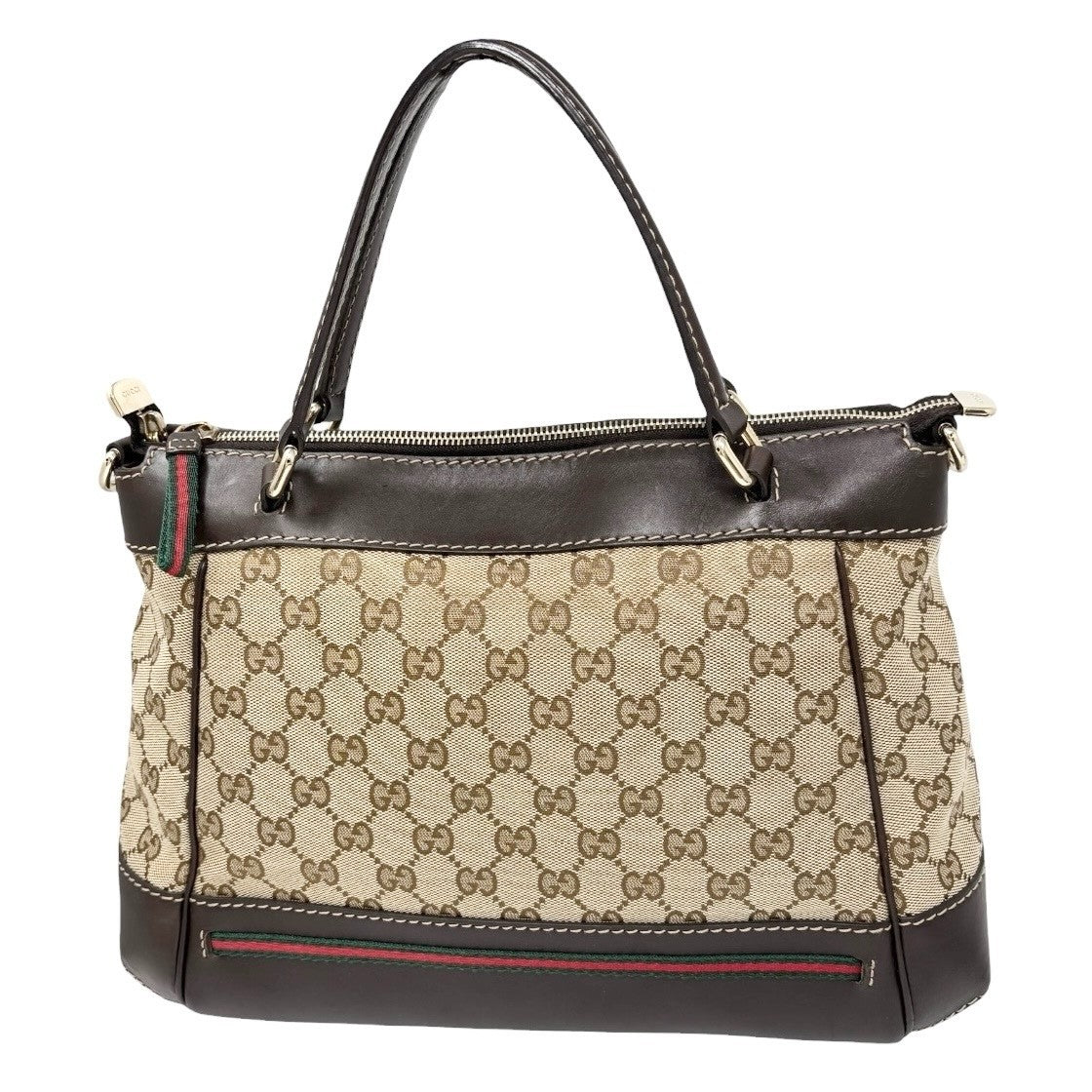 GUCCI Vintage GG Monogram Web Stripe 2way Shoulder Bag Beige Brown Ribbon