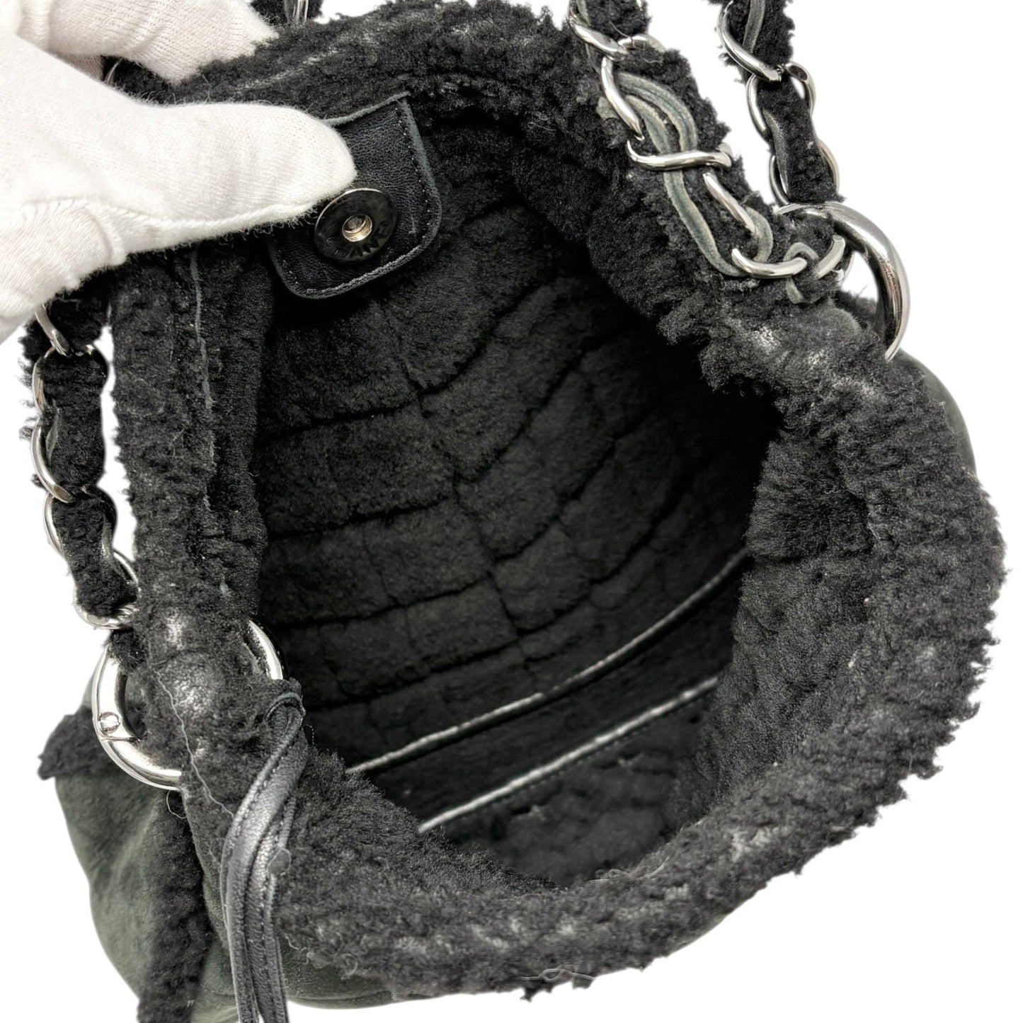 CHANEL Vintage Shearling Fur Shoulder Bag Pouch Mouton Black Chain CC Suede
