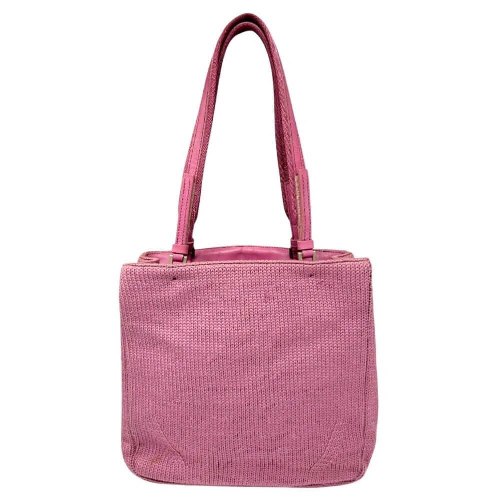 PRADA Vintage Logo Knit Tote Bag Shoulder Bag Pink Silver Wool Leather