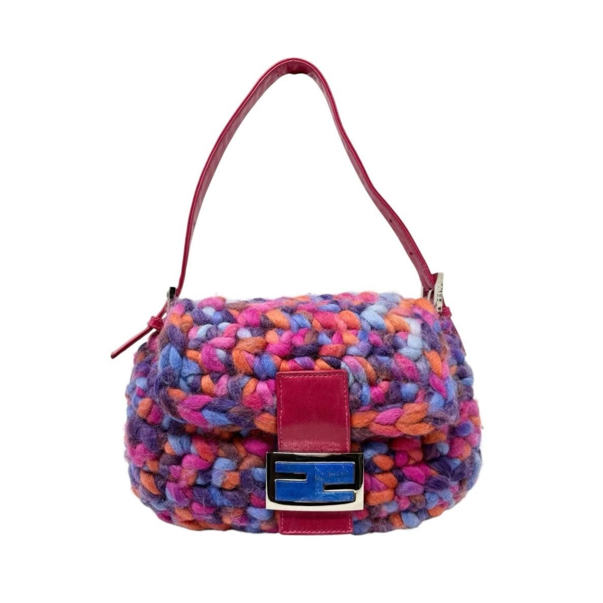 FENDI Vintage FF Logo Crochet Mamma Baguette Shoulder Bag Pink Multicolor Wool