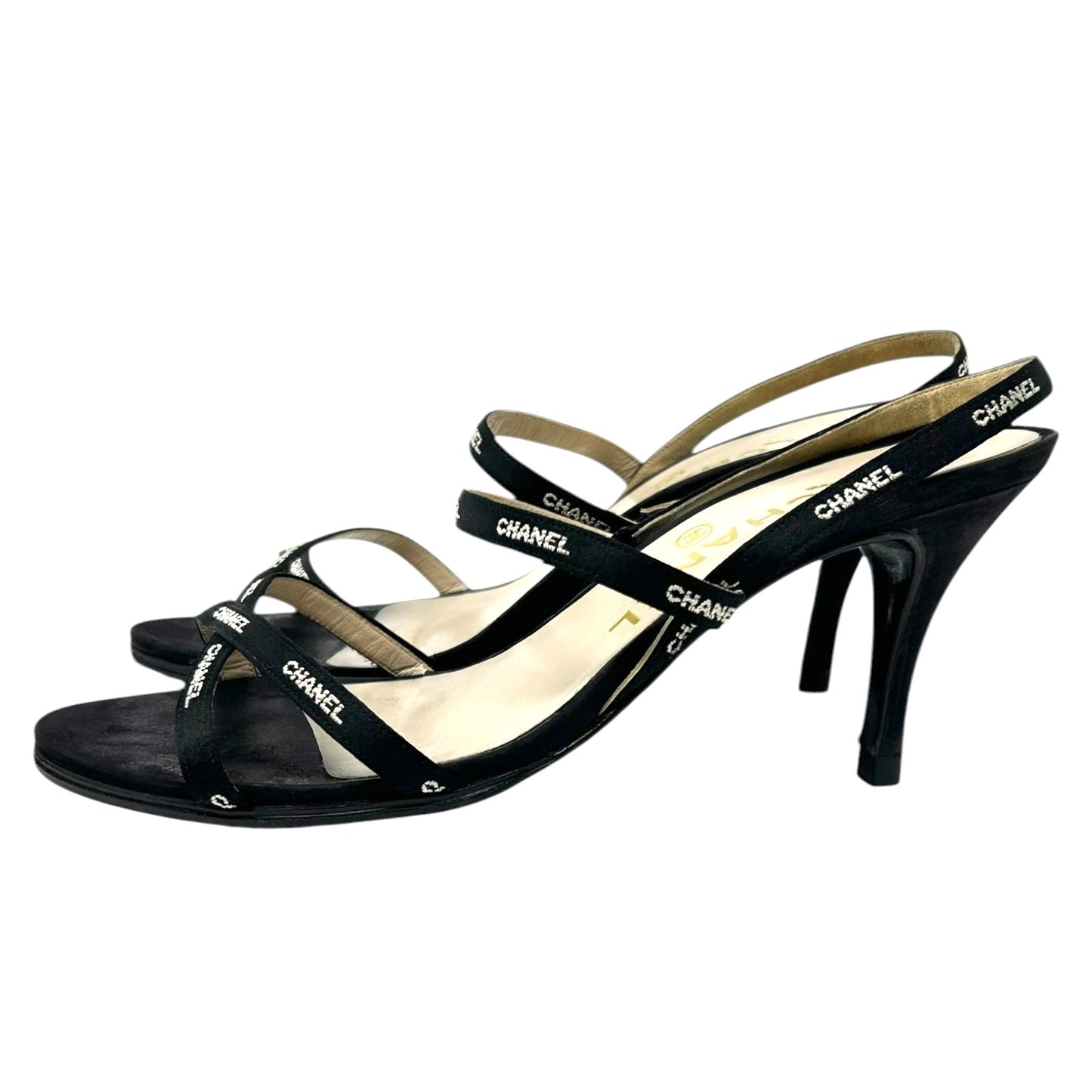 CHANEL Vintage 96C Logo Satin Ribbon Sandals Heels #36 Black White Satin Strap