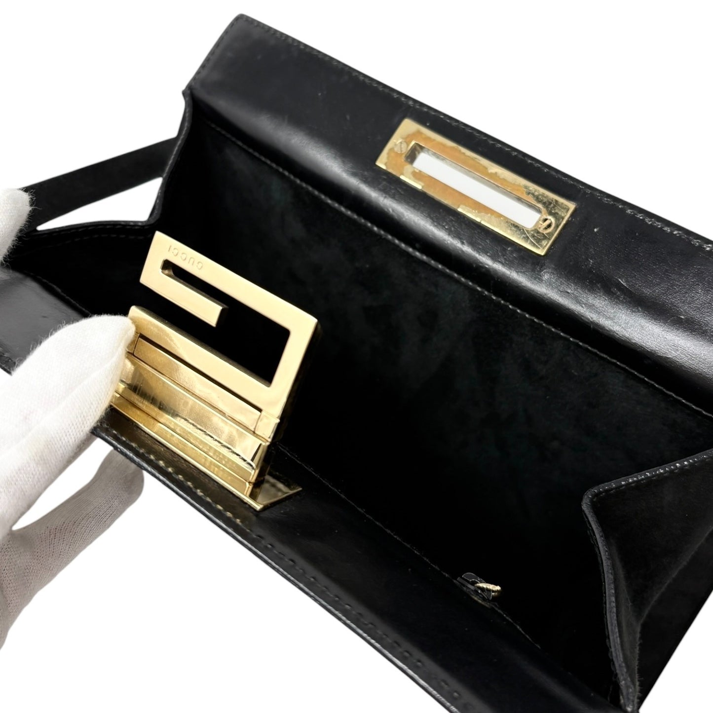 GUCCI Vintage G Square Logo Shoulder Bag Handbag Black Gold Suede Leather 902582