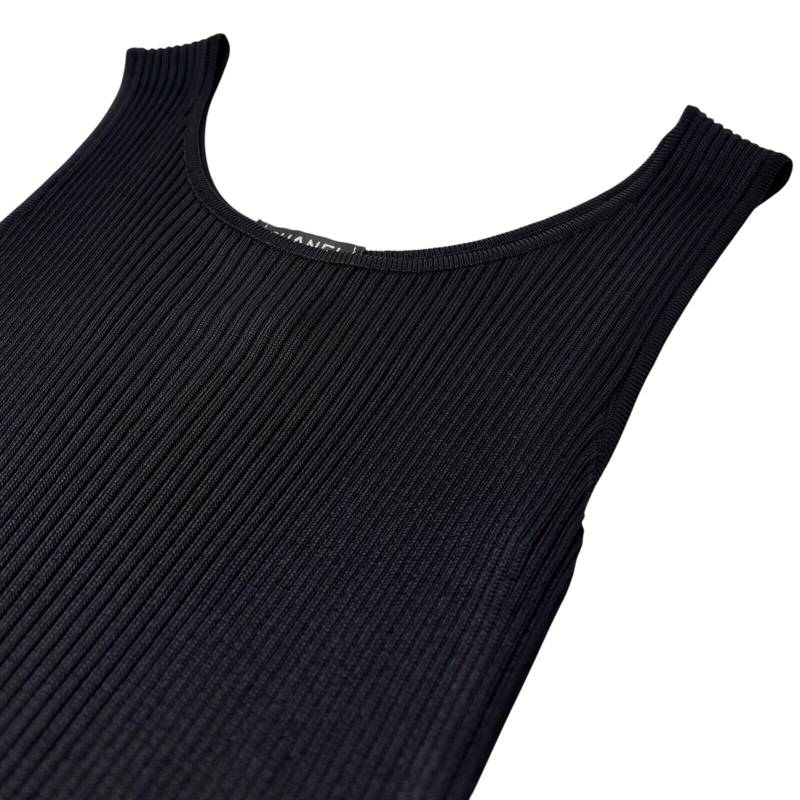 CHANEL Vintage 97P CC Logo Ribbed Long Dress #40 Sleeveless Black Rayon Button