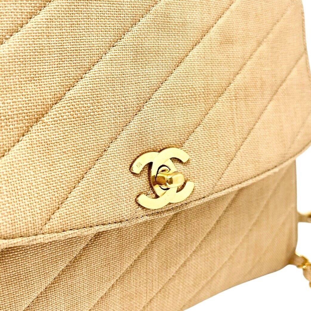 CHANEL Vintage Turn Lock CC Logo Top Handle Bag Brown Gold Linen Rank AB+