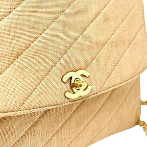 CHANEL Vintage Turn Lock CC Logo Top Handle Bag Brown Gold Linen Rank AB+