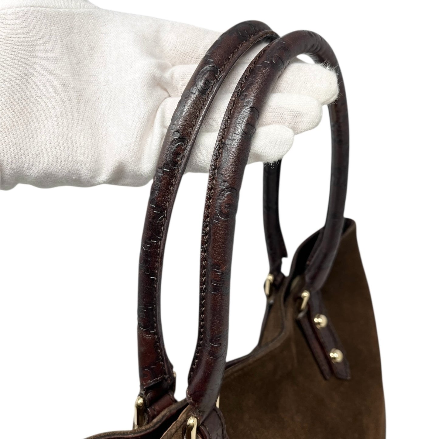 GUCCI Vintage GG Monogram Horsebit Suede Shoulder Bag Tote Brown Gold Leather