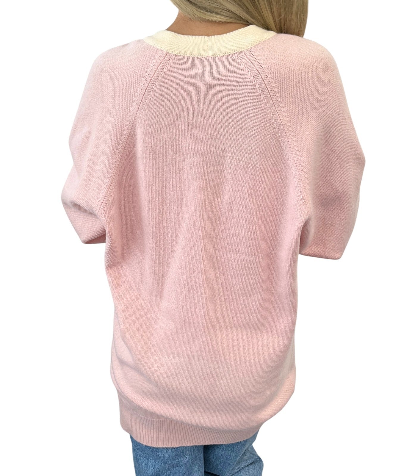 CHANEL Vintage CC Mark Logo Cardigan Pink Cream Cashmere Button Pockets Sweater
