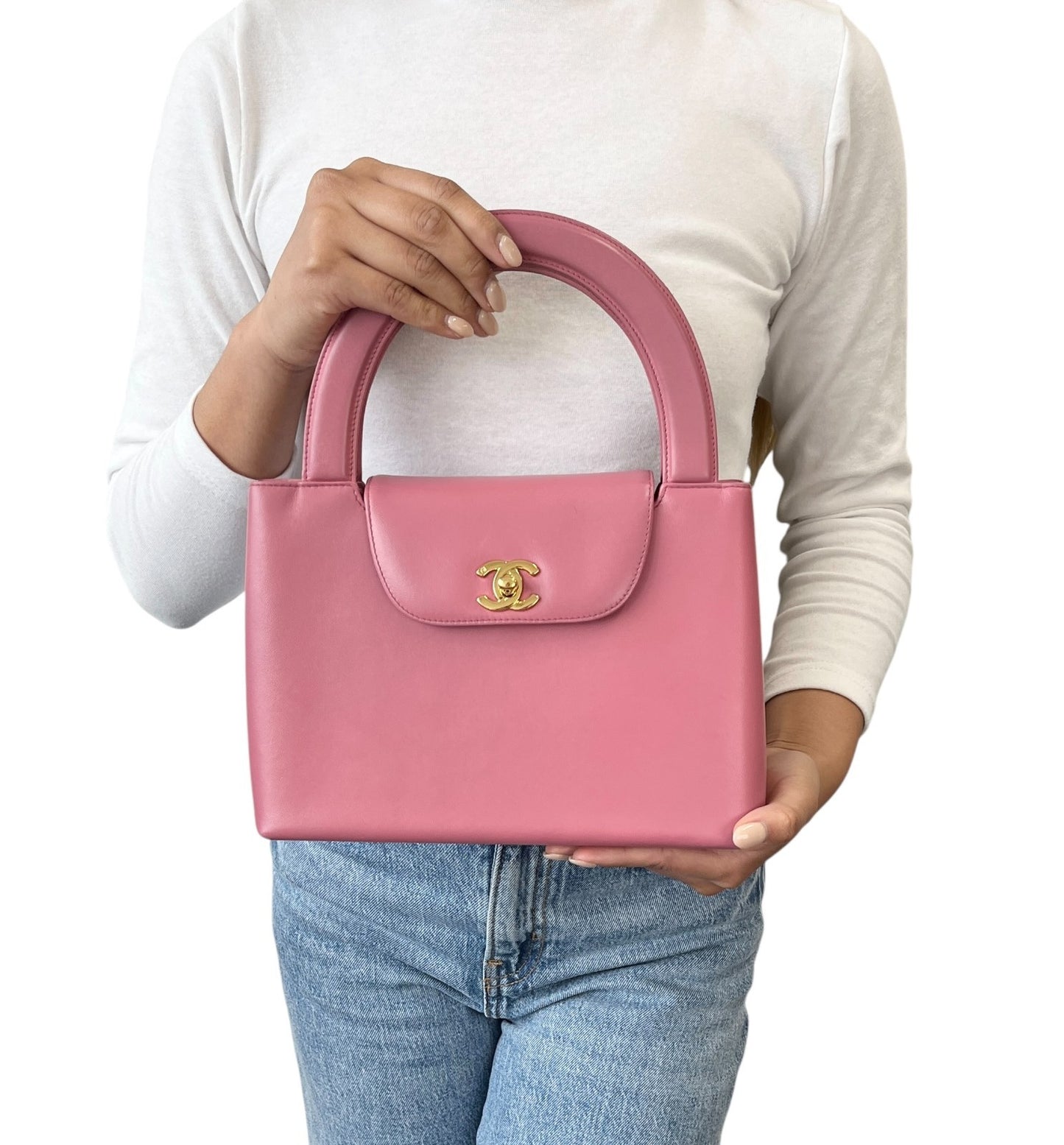 CHANEL Vintage CC Logo Turnlock Top Handle Flap Bag Pink Gold Leather Handbag