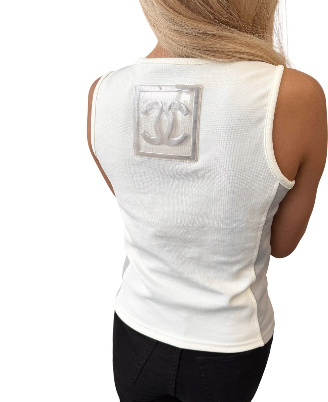 CHANEL Sport Vintage 01P CC Big Logo Tank Top #38 White Gray Nylon Sleeveless