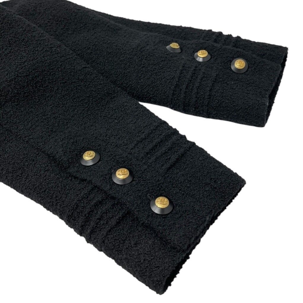 CHANEL Vintage CC Logo Long Tweed Jacket #M Coat Black Gold Wool Silk Button