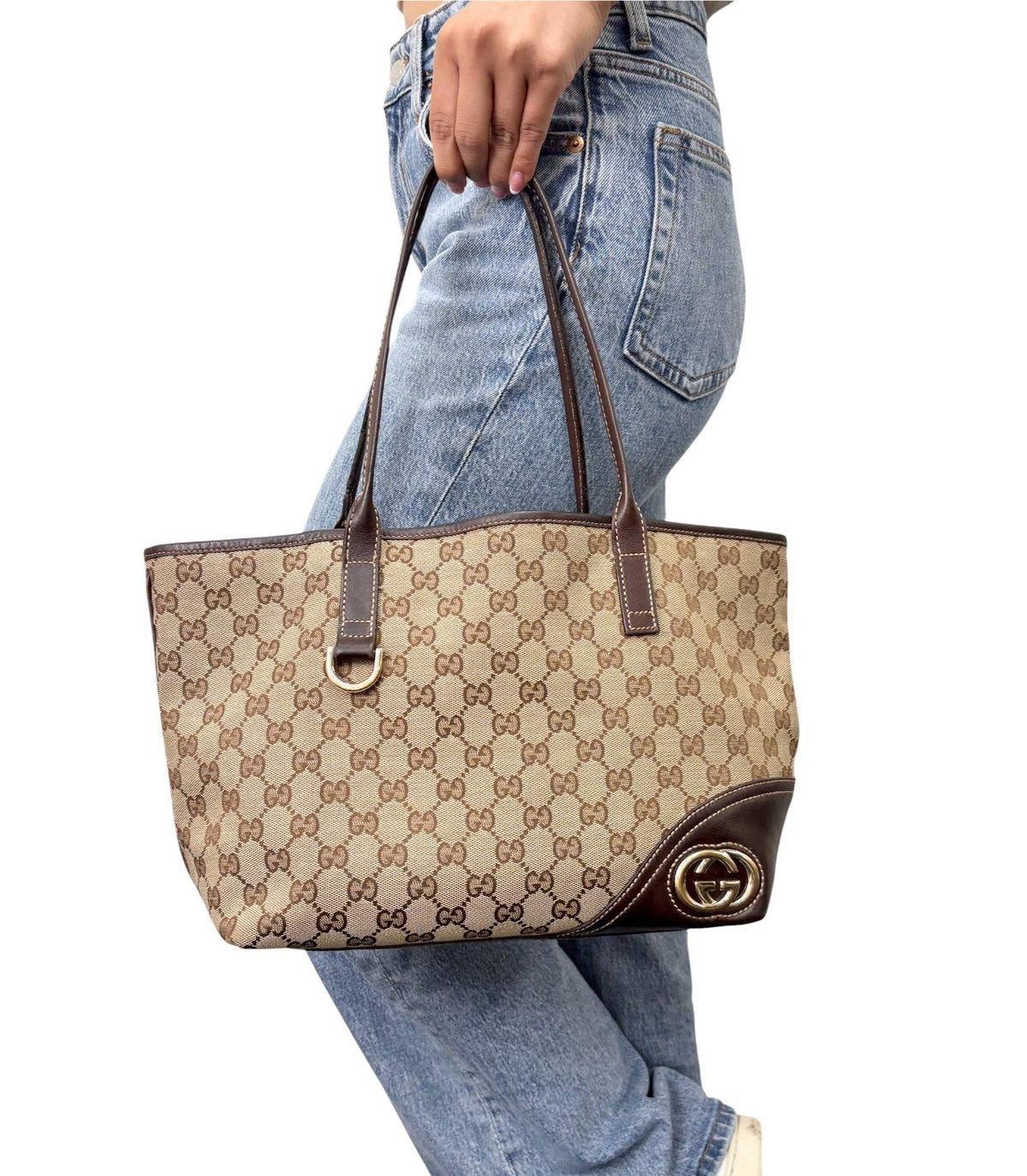 GUCCI Vintage GG Monogram Tote Shoulder Bag Brown Beige Canvas Leather 902323