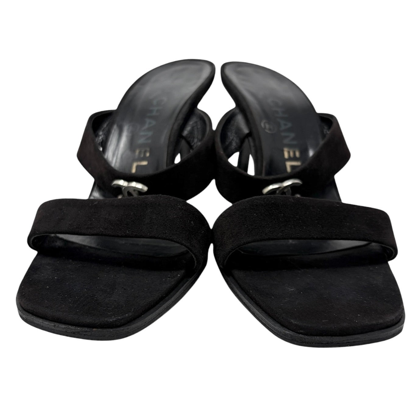 CHANEL Vintage CC Logo Slide Sandals Heels #36.5 Black Silver Suede 901840