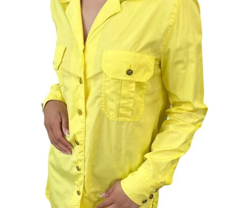 CHANEL Vintage P04883 CC Logo Shirt Top #36 Yellow Gold Cotton Button