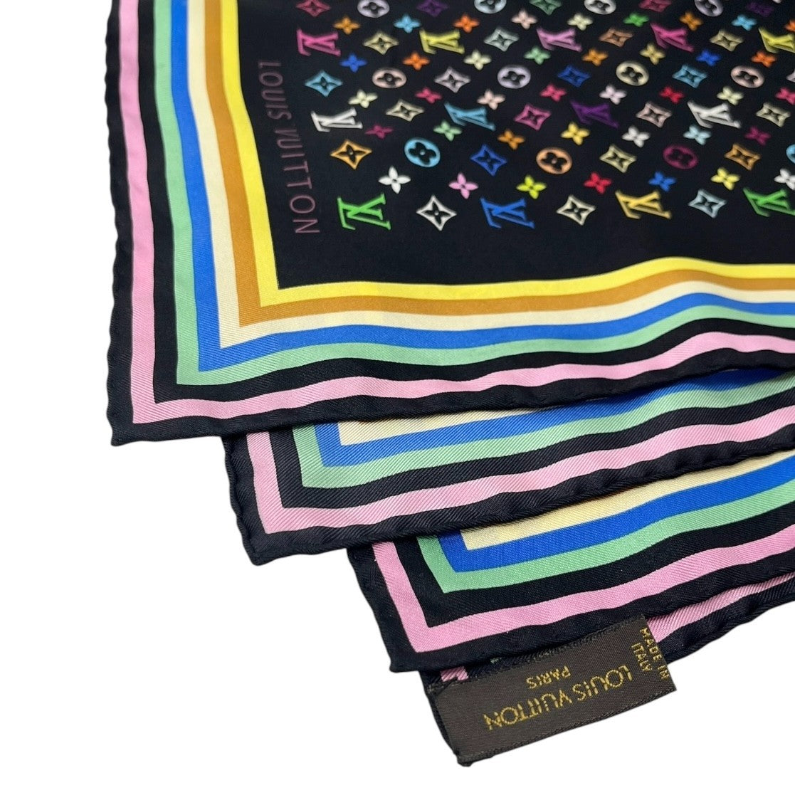 LOUIS VUITTON Vintage Monogram LV Logo Scarf Wrap Black Silk Multicolor