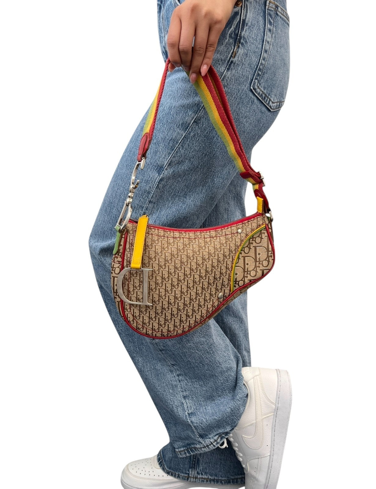 Christian Dior Vintage 2004 Trotter Monogram Logo Saddle Bag Rasta Brown