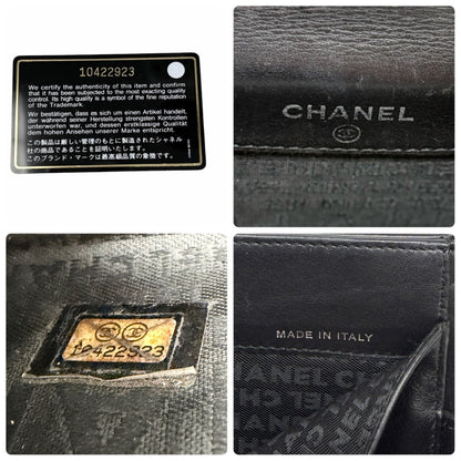 CHANEL Vintage Big Logo Quilted Wallet Leather Black Silver Purse 901816