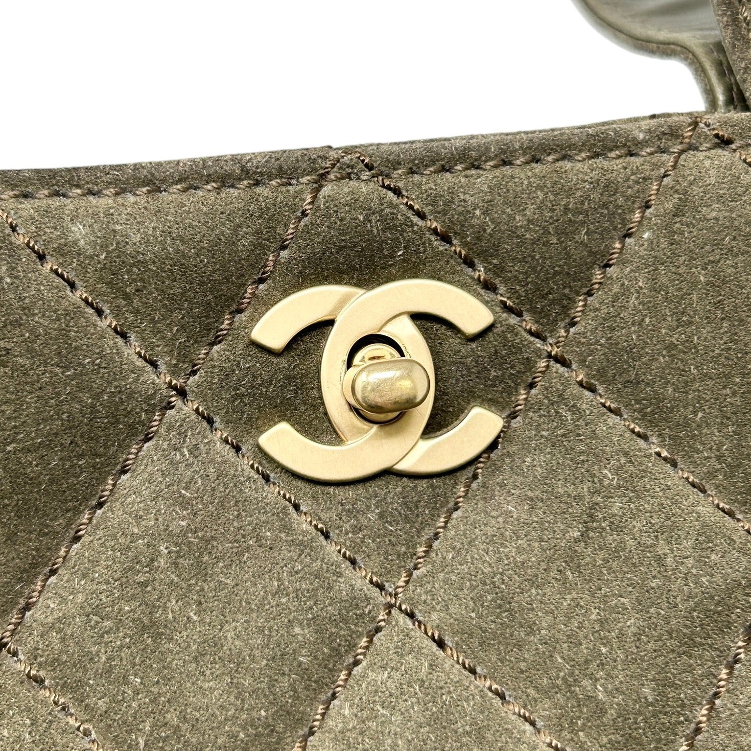 CHANEL Vintage CC Mark Logo Tote Bag Handbag Turnlock Brown Gold Suede Stitch