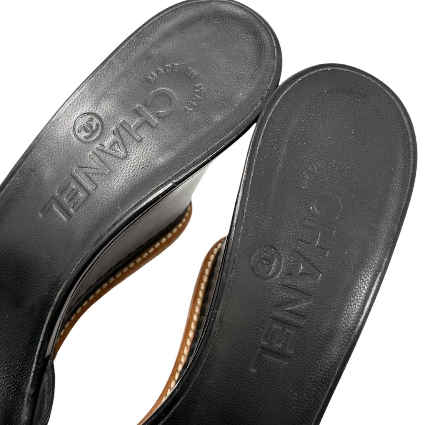 CHANEL Vintage CC Logo Slide Sandals Heels #36.5 Black Brown Leather 901943