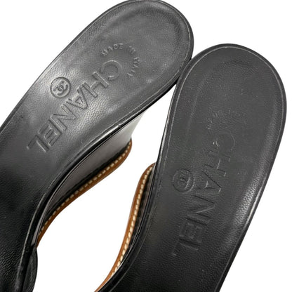 CHANEL Vintage CC Logo Slide Sandals Heels #36.5 Black Brown Leather 901943