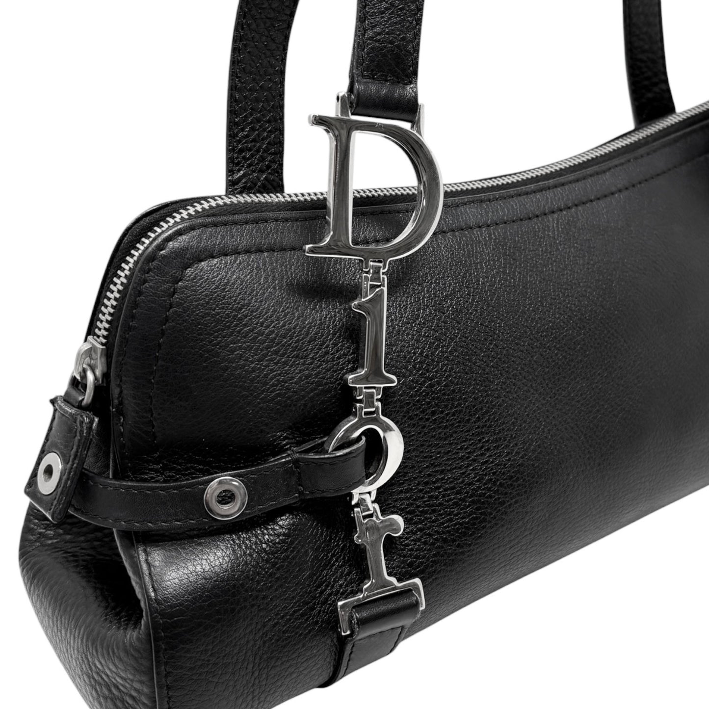 Christian Dior Vintage Logo Charm Shoulder Bag Black Silver Leather 901869