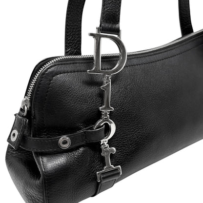 Christian Dior Vintage Logo Charm Shoulder Bag Black Silver Leather 901869