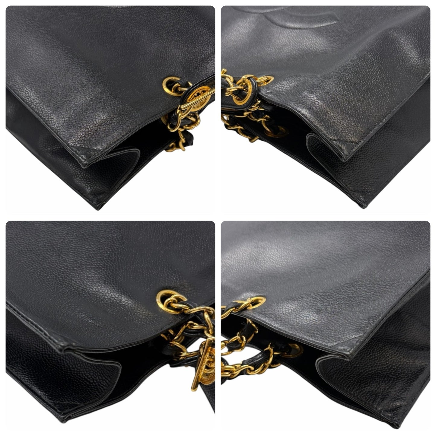 CHANEL Vintage Bic CC Logo Chain Shoulder Tote Bag Black Gold Leather 902079