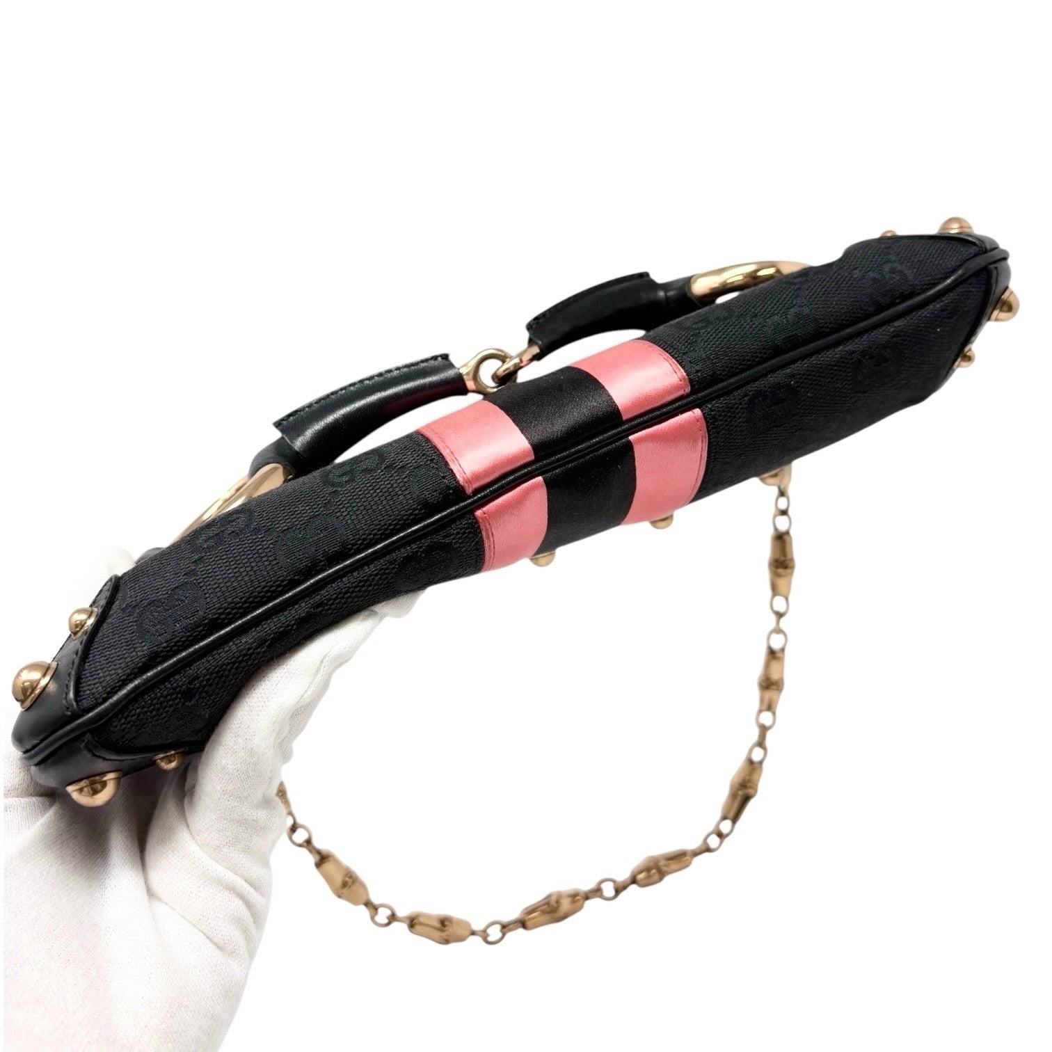 GUCCI Vintage GG Logo Monogram Horsebit Shoulder Clutch Bag Chain Black Pink