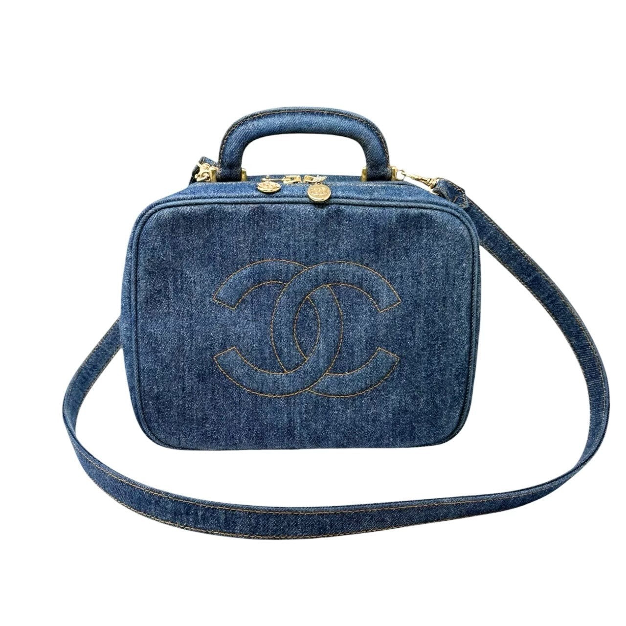 CHANEL Vintage CC Logo Denim 2way Vanity Shoulder Bag Blue Gold Handbag