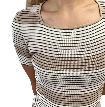 CHANEL Vintage 98P CC Mark Logo Stripe Knit T-shirt Top #44 Beige Brown Pullover