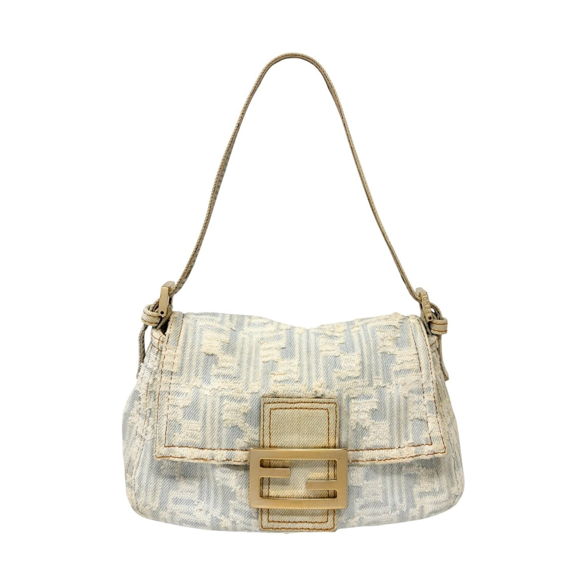 FENDI Vintage FF Zucca Monogram Denim Mamma Baguette Shoulder Bag Blue 902483