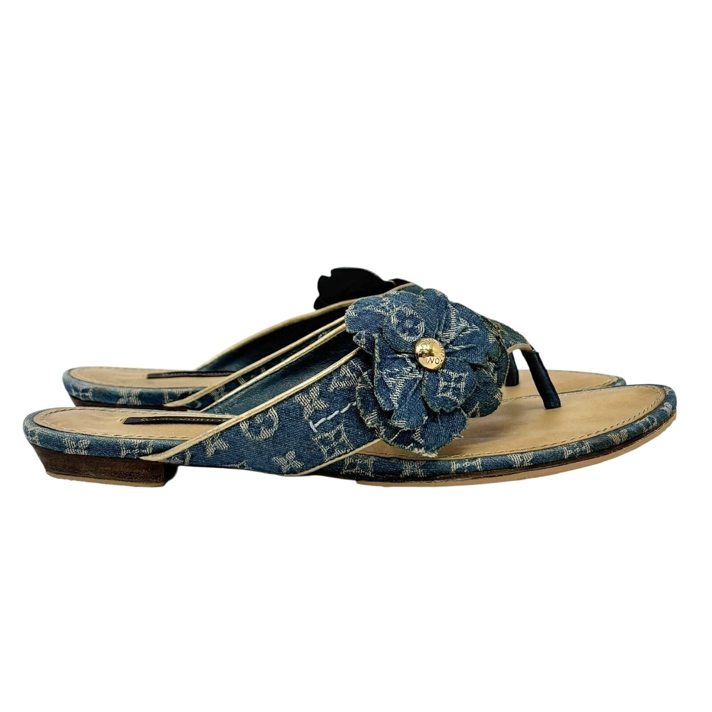 LOUIS VUITTON Vintage LV Monogram Denim Thong Sandals #37.5 Blue Gold Flower