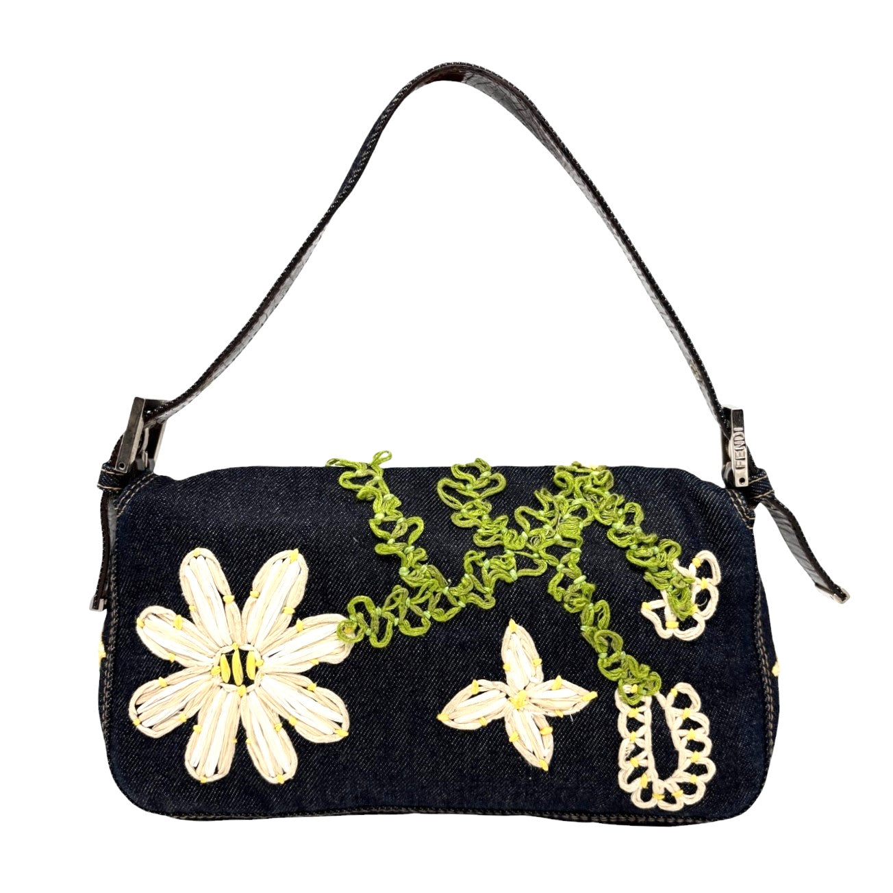 FENDI Vintage Mamma Baguette Denim Shoulder Bag Flower Blue Cotton 901871