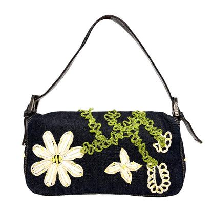FENDI Vintage Mamma Baguette Denim Shoulder Bag Flower Blue Cotton 901871